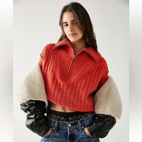 Free People Oversized Red Orange Half Zip Sweater